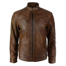 Load image into Gallery viewer, Men&#39;s Retro Style Zipped Biker Jacket Real Leather Soft Brown Casual Jacket - leathersguru
