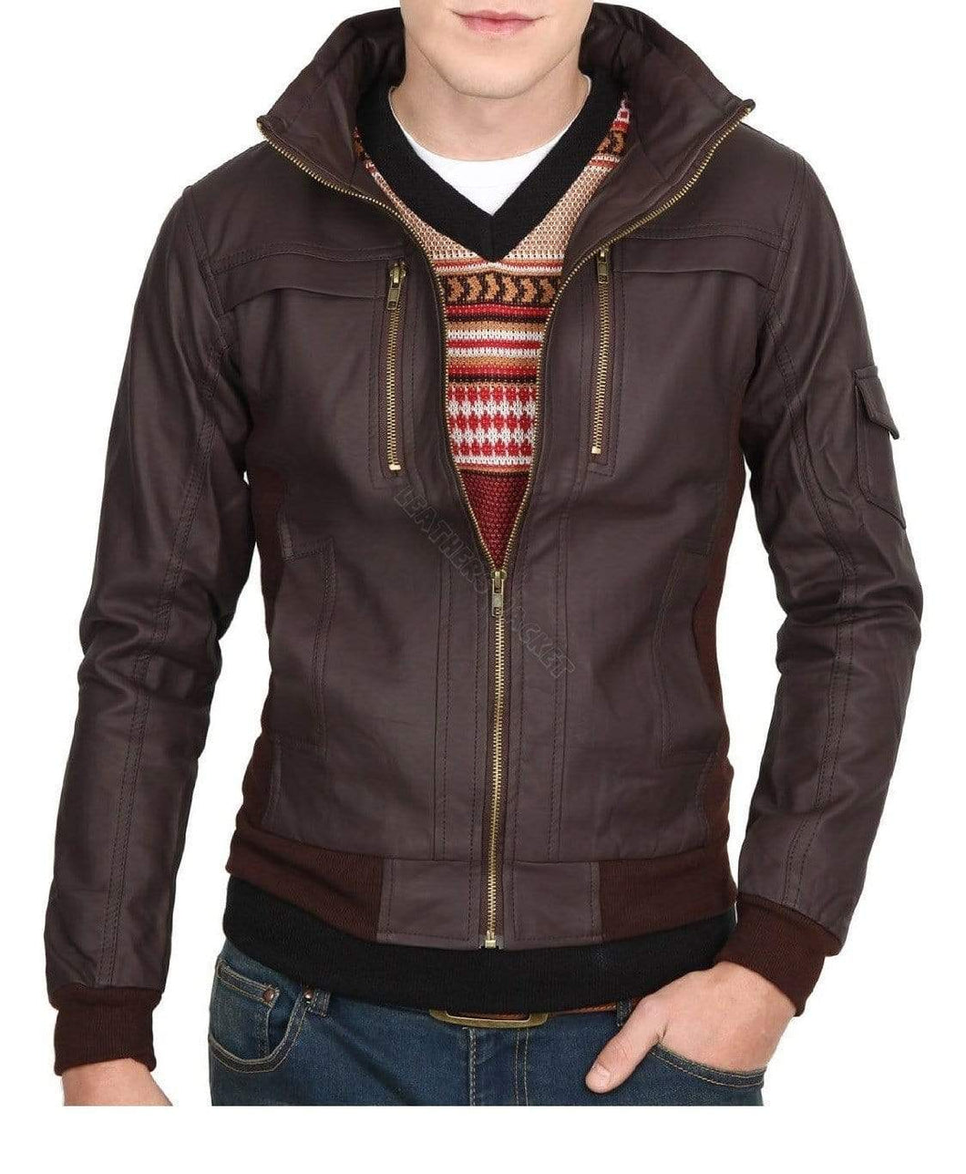 Mens Slim Leather Jacket, Brown Biker Leather Jacket, Zipper Pocket Jacket - leathersguru
