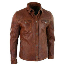 Load image into Gallery viewer, Mens Vintage Distressed Brown Leather Shirt Jacket, Genuine Biker Jacket - leathersguru
