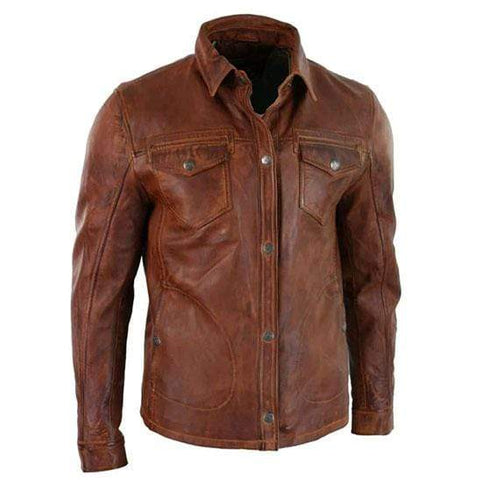 Mens Vintage Distressed Brown Leather Shirt Jacket, Genuine Biker Jacket - leathersguru
