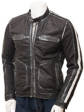 Load image into Gallery viewer, Mens Biker Vintage Motorcycle Quilted Distressed Black, White Strip Leather Jackets
