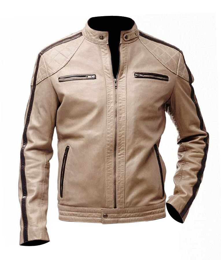 Mens Brown Stripped Beige Biker Leather Jacket
