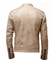 Load image into Gallery viewer, Mens Brown Stripped Beige Biker Leather Jacket
