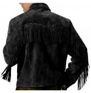 Men's Simple Style Western Suede Jacket Black Fringe Jacket Coat, Men Jacket
