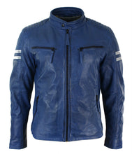 Load image into Gallery viewer, Mens Slim Fit Real Leather Biker Racing Jacket Blue Stripes Vintage jacket
