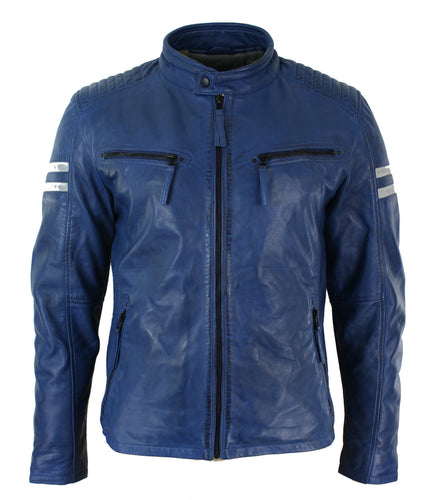 Mens Slim Fit Real Leather Biker Racing Jacket Blue Stripes Vintage jacket