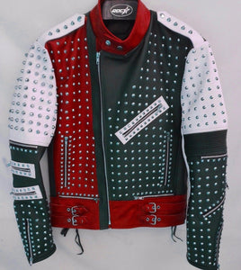 Multi Color Biker Studded Leather Coat Jacket with Adjustable Waist Belted Strap
