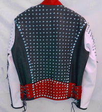 Load image into Gallery viewer, Multi Color Biker Studded Leather Coat Jacket with Adjustable Waist Belted Strap
