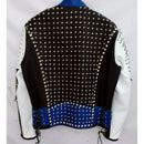 Multi Color Full Studded Biker Leather Jacket with Adjustable Waist Belted Strap