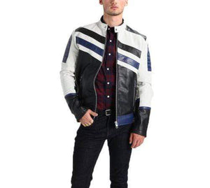 Men's Genuine Lambskin Leather Navy White Classic Jacket - leathersguru
