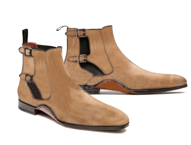 Bespoke Beige Suede Ankle Double Monk Strap Boots - leathersguru