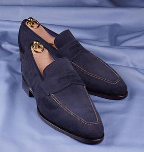 Bespoke Navy Blue Suede Penny Loafer Shoes for Men - leathersguru