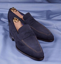 Load image into Gallery viewer, Bespoke Navy Blue Suede Penny Loafer Shoes for Men - leathersguru
