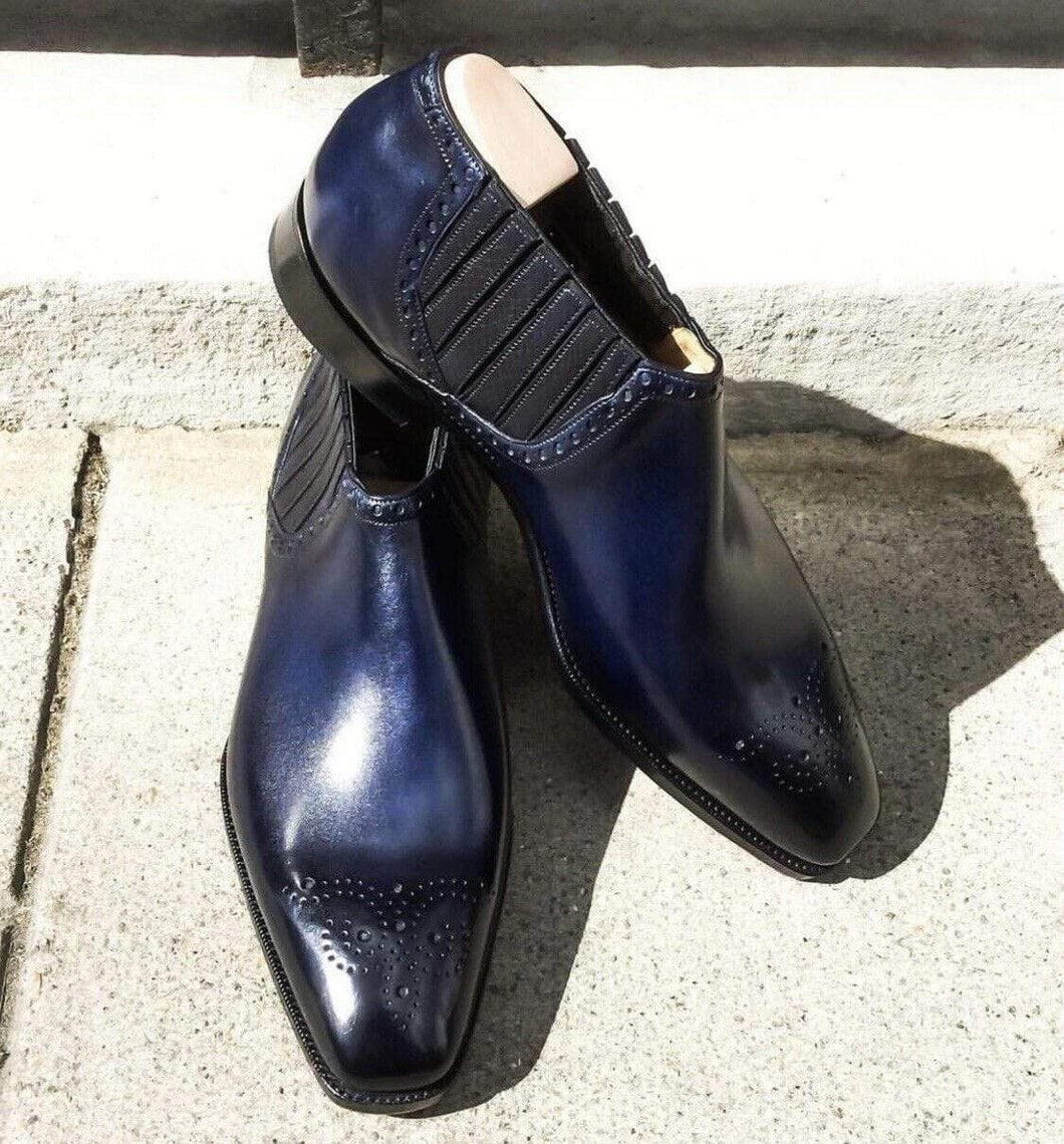 Men's Blue Half Ankle Chelsea Leather Boots - leathersguru