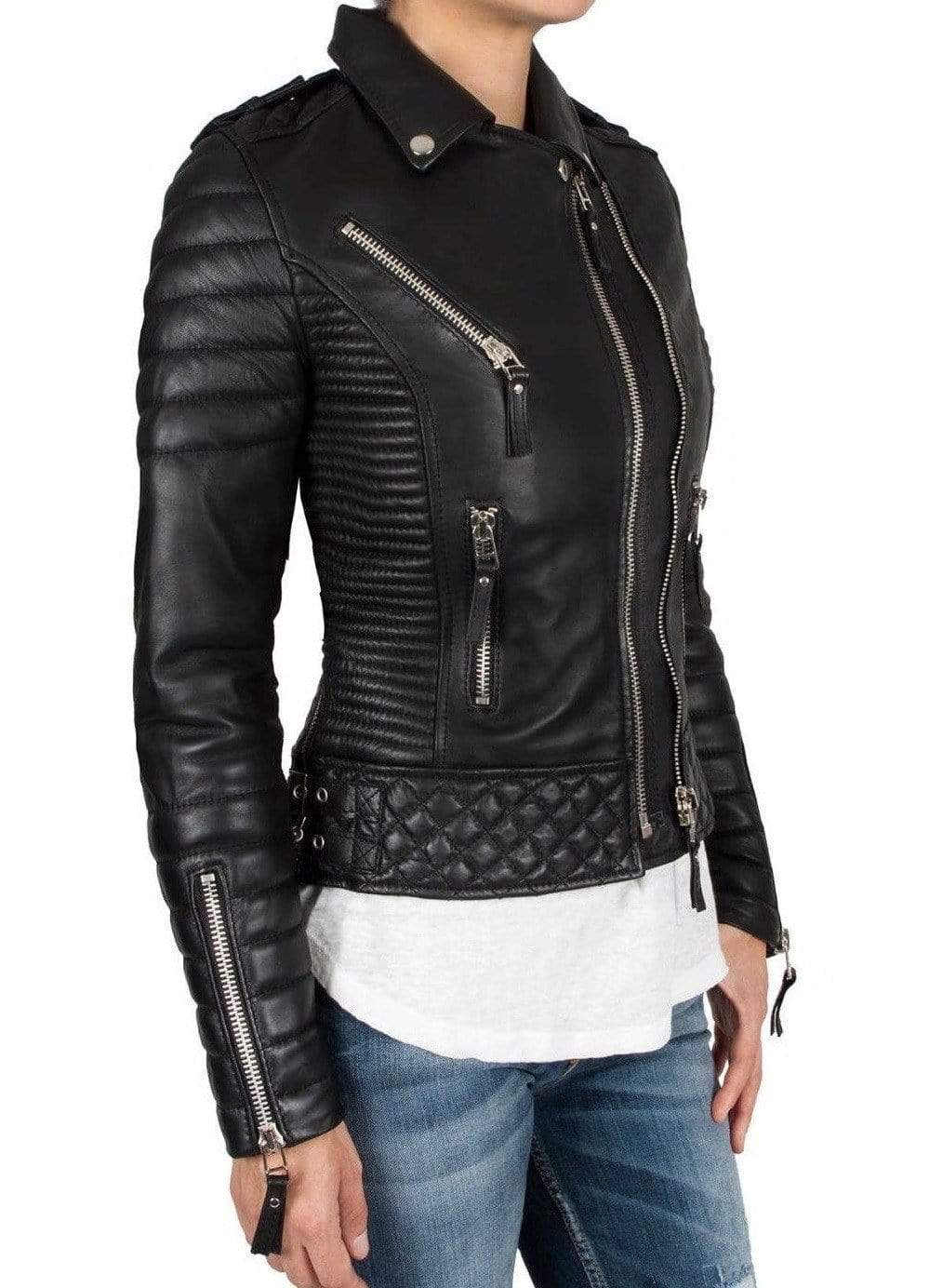 Handmade Leather Skin Women Black Padded Brando Leather Jacket - leathersguru