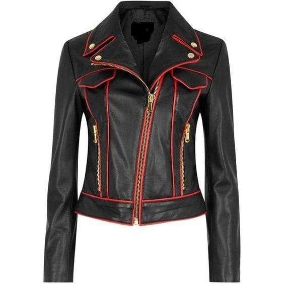 New Handmade Women,s Black Red Leather Zipper Jacket - leathersguru