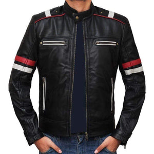 Men Genuine Lambskin Black Leather Red White Stripped Jacket Slim fit Biker Motorcycle Design jacket - leathersguru