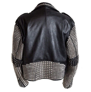 Full Black Punk Silver Spiked Studded Cowhide Leather Stylish Jacket - leathersguru