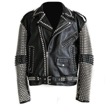 Load image into Gallery viewer, Full Black Punk Silver Spiked Studded Cowhide Leather Stylish Jacket - leathersguru
