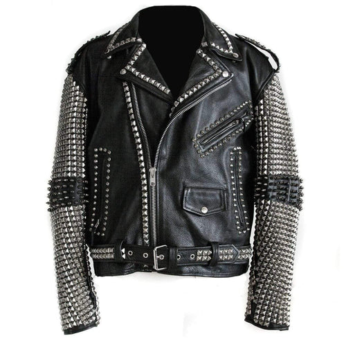 Full Black Punk Silver Spiked Studded Cowhide Leather Stylish Jacket - leathersguru