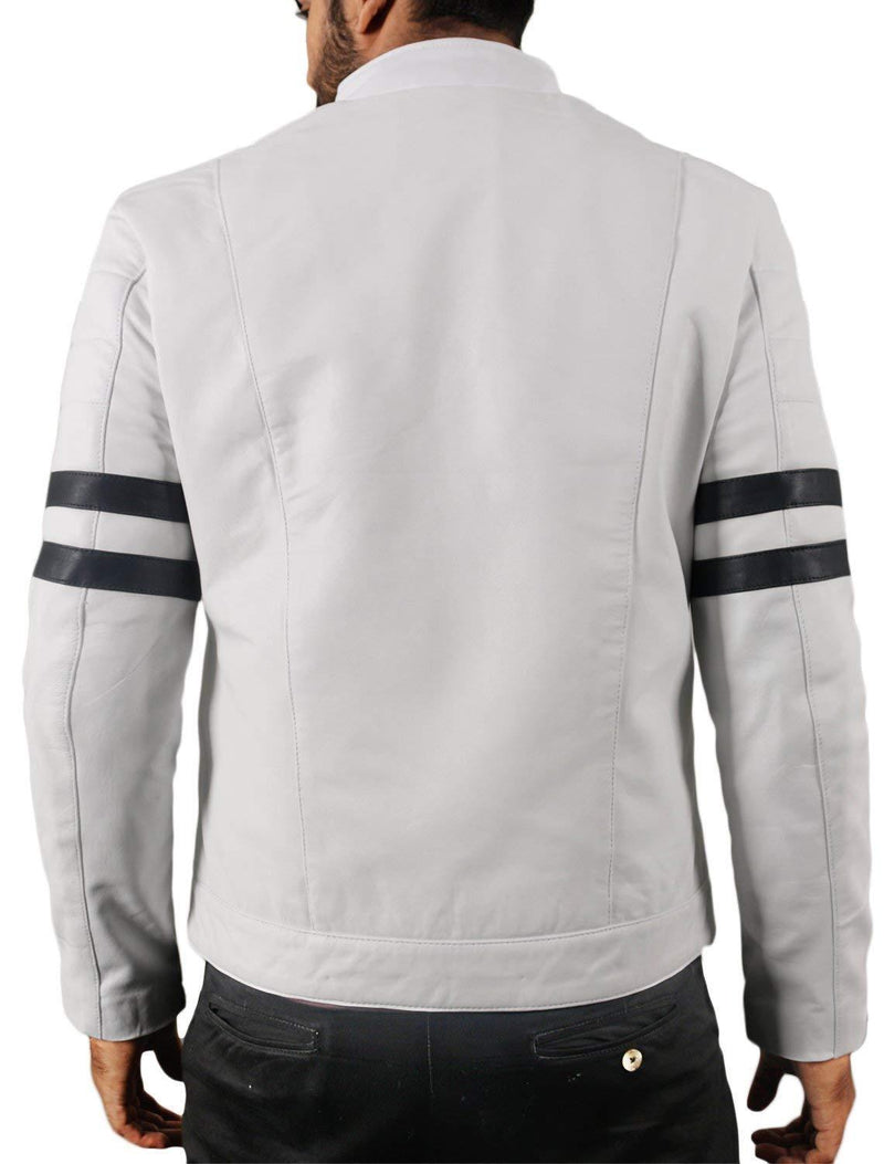 Men Genuine Lambskin White Leather Black Stripped Jacket Slim fit Biker Motorcycle Design jacket - leathersguru