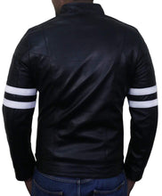 Load image into Gallery viewer, Men Genuine Lambskin Black Leather White Stripped Jacket Slim fit Biker Motorcycle Design jacket - leathersguru
