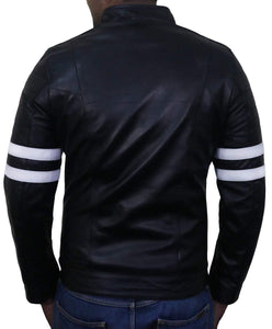 Men Genuine Lambskin Black Leather White Stripped Jacket Slim fit Biker Motorcycle Design jacket - leathersguru