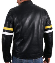 Load image into Gallery viewer, Men Genuine Lambskin Black Leather Tan White Stripped Jacket Slim fit Biker Motorcycle Design jacket - leathersguru
