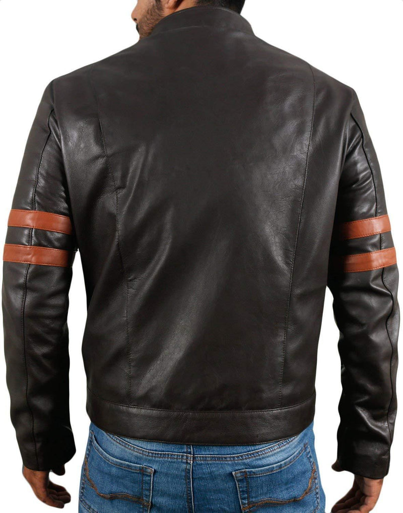 Men Genuine Lambskin Black Leather Brown Stripped Jacket Slim fit Biker Motorcycle Design jacket - leathersguru