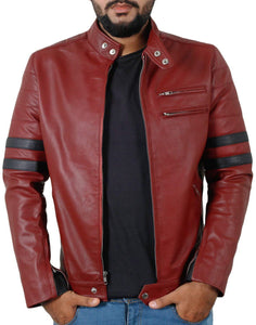 Men Genuine Lambskin Maroon Leather Navy Blue Stripped Jacket Slim fit Biker Motorcycle Design jacket - leathersguru
