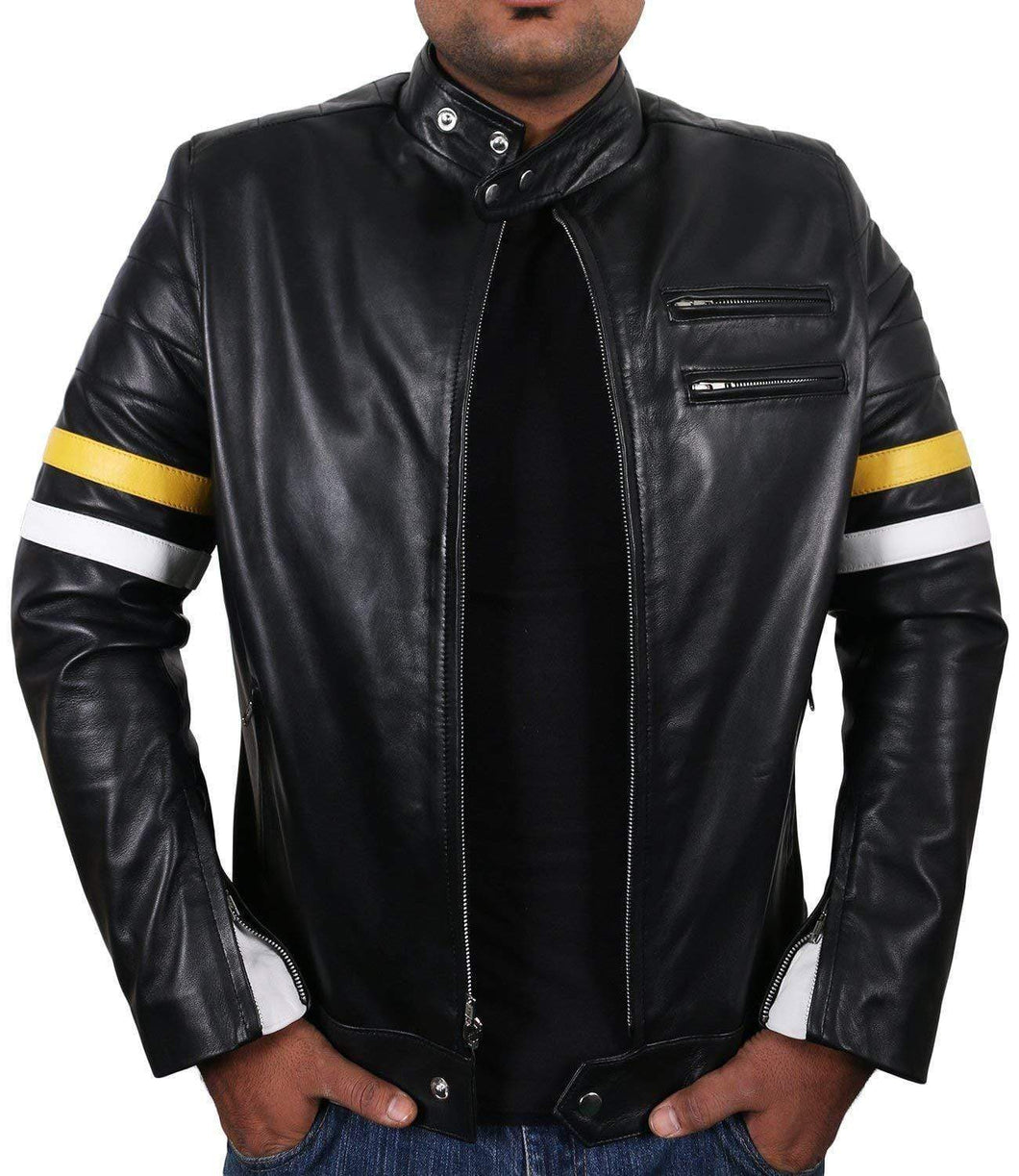 Men Genuine Lambskin Black Leather Tan White Stripped Jacket Slim fit Biker Motorcycle Design jacket - leathersguru