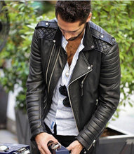 Load image into Gallery viewer, Men&#39;s Genuine Lambskin Leather Jacket Black Slim fit Biker jacket - leathersguru
