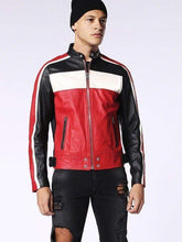 Load image into Gallery viewer, Men&#39;s Genuine Leather Jacket Multi-color Black white red Slim fit Biker - leathersguru
