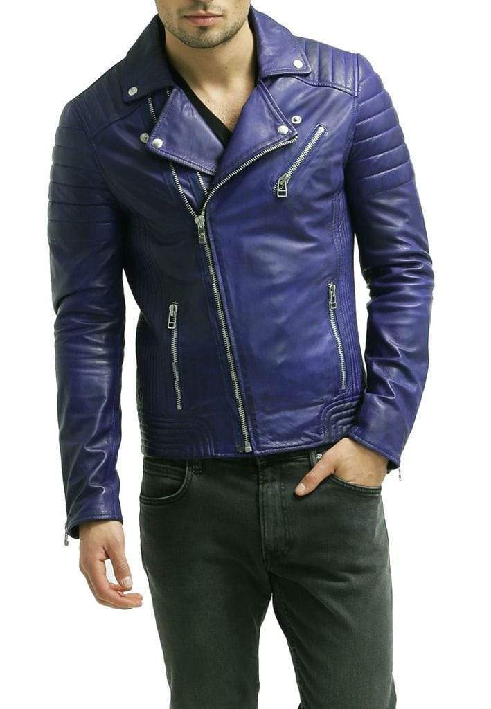 Men's Hot Genuine Lambskin Leather Jacket Blue Slim Motorcycle jacket - leathersguru