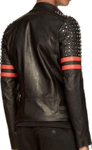 Load image into Gallery viewer, New Men&#39;s Back Red Half Silver Studded Stripes Biker Leather Jacket - leathersguru
