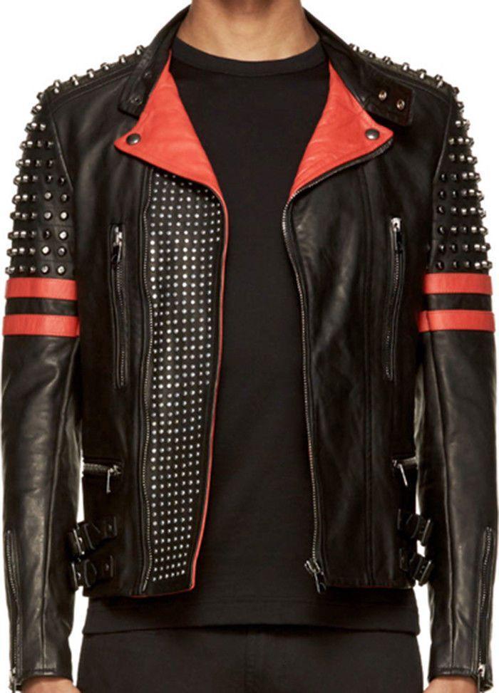 New Men's Back Red Half Silver Studded Stripes Biker Leather Jacket - leathersguru