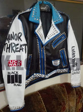Load image into Gallery viewer, Mens Multi color Studded Printed Logos Punk Leather Jacket - leathersguru
