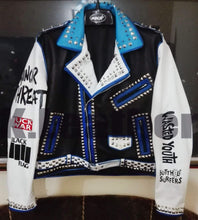 Load image into Gallery viewer, Mens Multi color Studded Printed Logos Punk Leather Jacket - leathersguru
