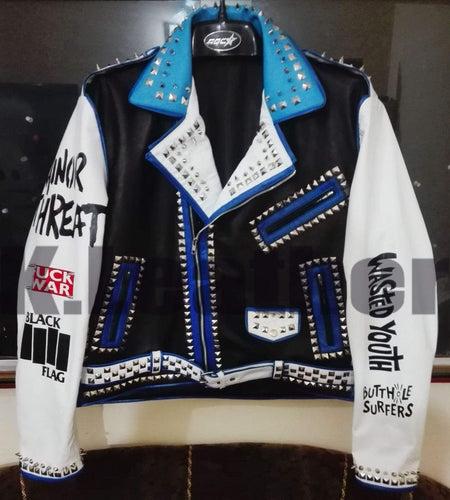 Mens Multi color Studded Printed Logos Punk Leather Jacket - leathersguru