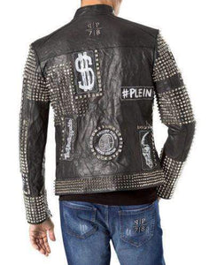 Mens Punk Biker Full Black Studded Embroidery Patches Leather Jacket - leathersguru