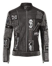 Load image into Gallery viewer, Mens Punk Biker Full Black Studded Embroidery Patches Leather Jacket - leathersguru
