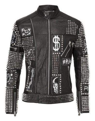 Mens Punk Biker Full Black Studded Embroidery Patches Leather Jacket - leathersguru
