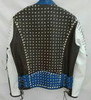 Mens Punk Blue White Silver Studded Cowhide Leather Jacket - leathersguru