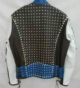 Mens Punk Blue White Silver Studded Cowhide Leather Jacket - leathersguru