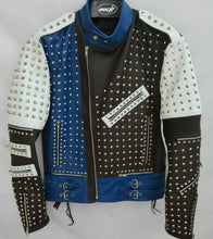 Load image into Gallery viewer, Mens Punk Blue White Silver Studded Cowhide Leather Jacket - leathersguru
