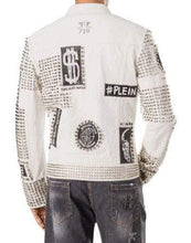 Load image into Gallery viewer, Mens Punk Full White Studded Embroidery Patches Leather Jacket - leathersguru
