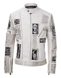 Mens Punk Full White Studded Embroidery Patches Leather Jacket - leathersguru