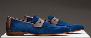 Handmade Men's Blue Penny Loafers - leathersguru
