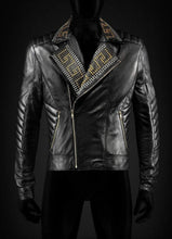 Load image into Gallery viewer, Golden Silver Studded Mens Black Cowhide Leather Jacket - leathersguru
