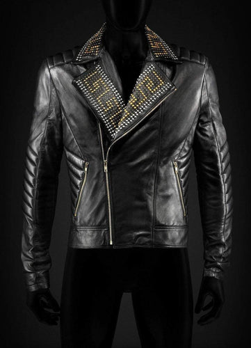 Golden Silver Studded Mens Black Cowhide Leather Jacket - leathersguru